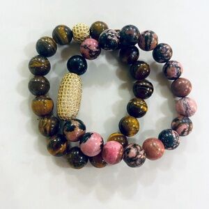 Set of Two Tigers Eye and Mauve Beaded Bracelets, New NWOT